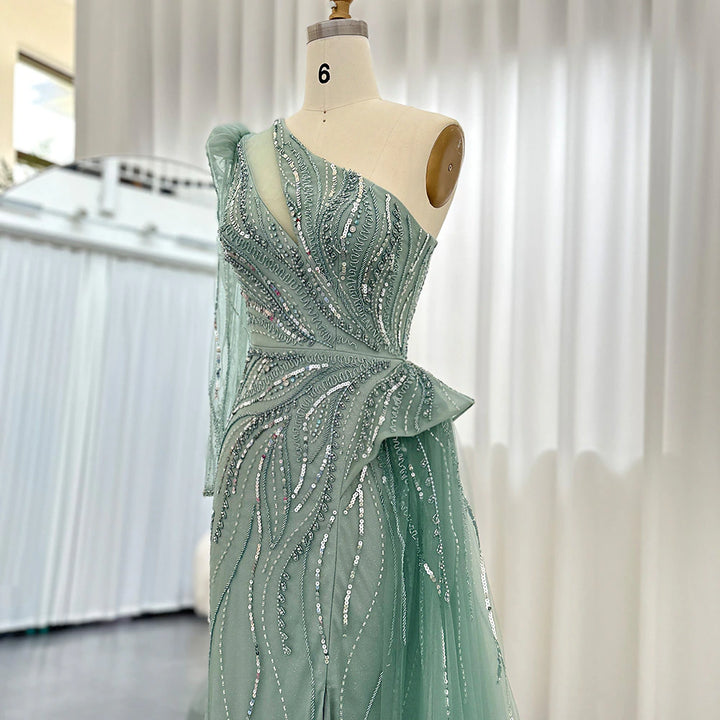 Dreamy Vow Luxury Dubai One Shoulder Mermaid Sage Green Evening Dresses with Overskirt Elegant Woman Wedding Party Gowns 160
