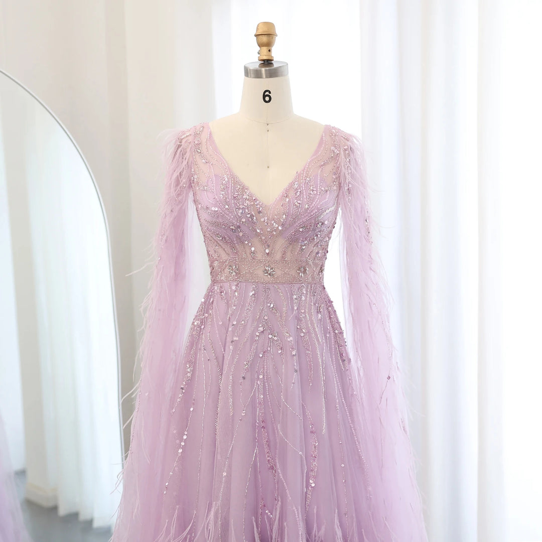 Dreamy Vow Luxury Feathers Nude A-line Evening Dresses with Cape Sleeves V-Neck Lilac Arabic Women Wedding Party Dress SS186