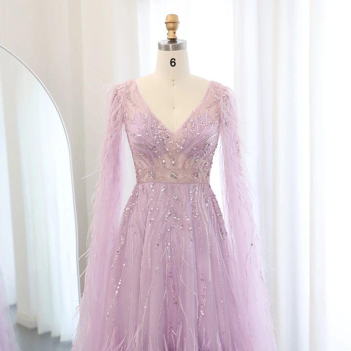 Dreamy Vow Luxury Feathers Nude A-line Evening Dresses with Cape Sleeves V-Neck Lilac Arabic Women Wedding Party Dress SS186