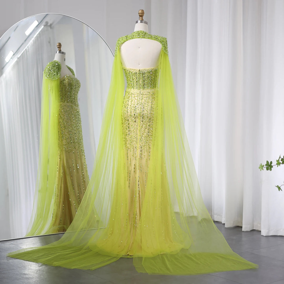 Dreamy Vow Luxury Beaded Mermaid Lime Green Evening Dress with Cape Sleeves Elegant Arabic Women Wedding Party Prom Dress SS443