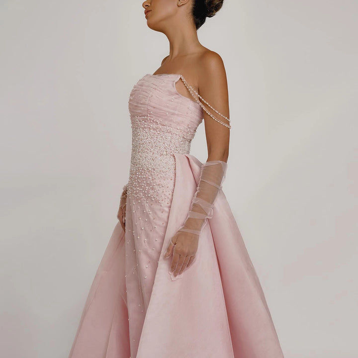 Dreamy Vow Luxury Dubai Beaded Pink Evening Dress with Overskirt Gloves Elegant Women Arabic Wedding Formal Party Gown SS429