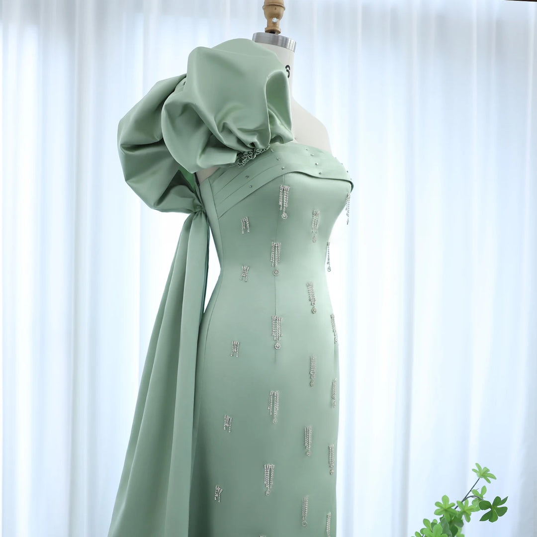 Dreamy Vow Arabic Sage Green One Shoulder Evening Dress with Cape Luxury Crystal Tassel Dubai Wedding Party Gowns SS368