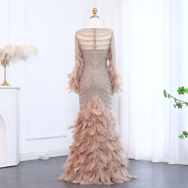 Luxury Feather Nude Long Sleeves Elegant Mermaid Evening Dress SS076