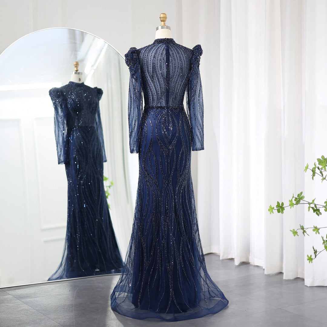 Dreamy Vow Elegant Mermaid Navy Blue Evening Dress for Women Wedding Emerald Green Long Sleeves Arabic Formal Party Gowns 019