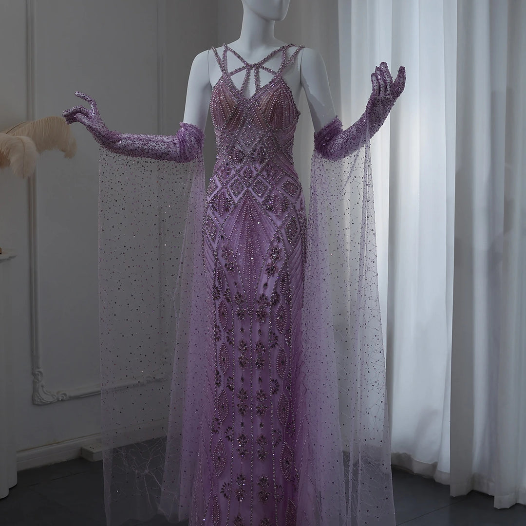 Dreamy Vow Luxury Dubai Lilac Evening Dresses with Gloves Cape Sleeves Long Straight Beyonce Celebrity Prom Party Gowns SS437