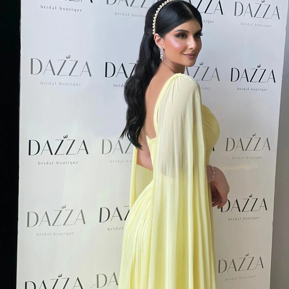 DreamyVow Fuchsia Chiffon Dubai Evening Dresses with Cape Sleeves Elegant Yellow Women Wedding Party Formal Gowns F 090