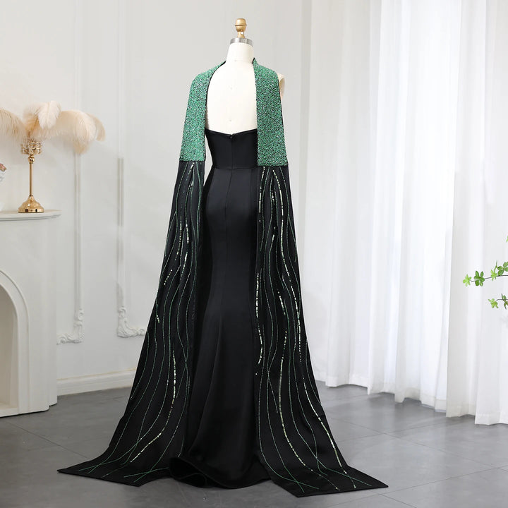 Dreamy Vow Elegant Black Mermaid Arabic Evening Dresses with Scarf Luxury Beaded Dubai Women Wedding Formal Party Gowns SS421