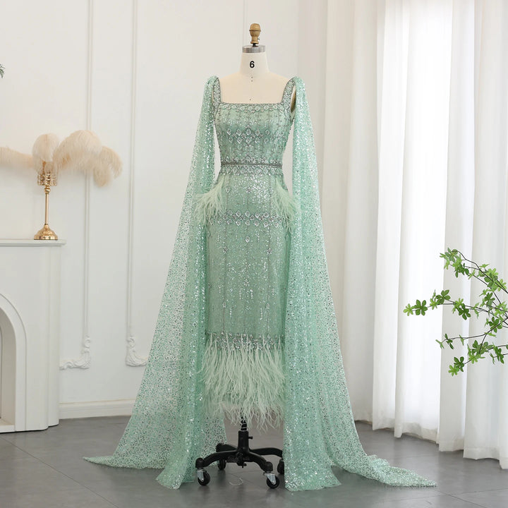 Dreamy Vow Bling Gray Mermaid Arabic Evening Dress with Cape Luxury Feather Dubai Formal Dresses for Women Wedding Party SS279