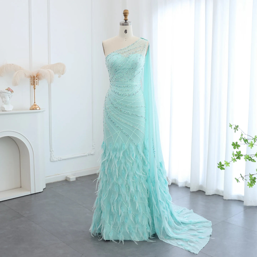 Dreamy Vow Luxury Feather Turquoise Aqua One Shoulder Mermaid Evening Dress with Cape Train Long Prom Wedding Party Gowns SS498