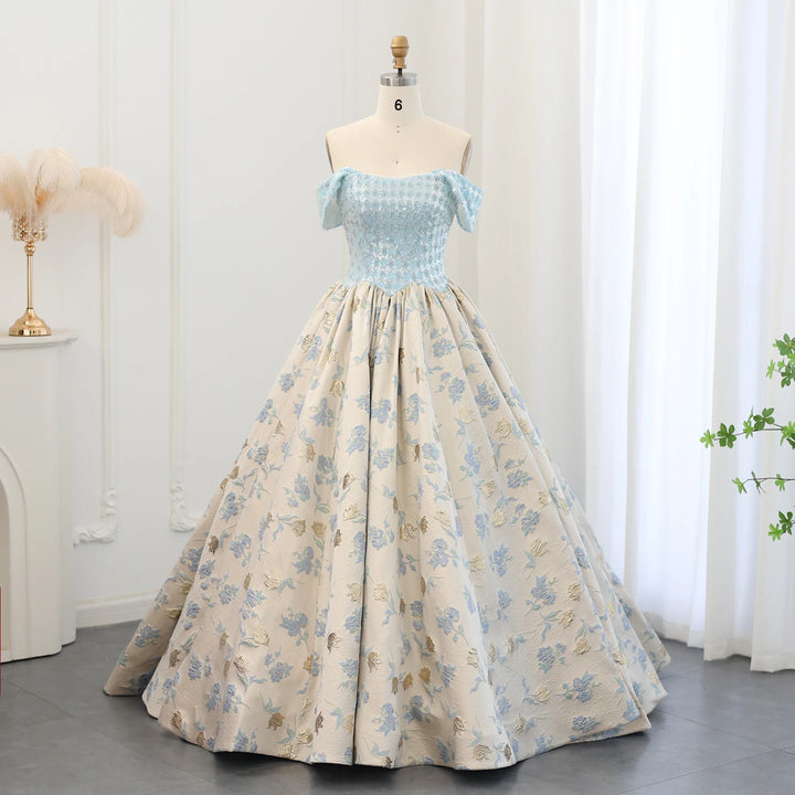 Dreamy Vow Elegant Off Shoulder Baby Blue Ball Gown Evening Dress 2024 Luxury Printed Satin Girls Birthday Party Gowns SS501