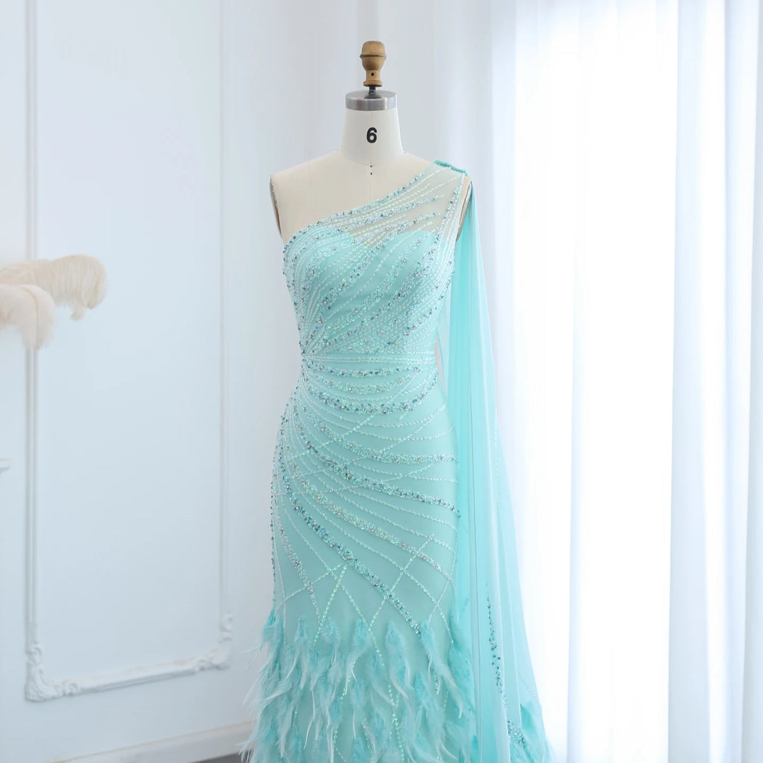 Dreamy Vow Luxury Feather Turquoise Aqua One Shoulder Mermaid Evening Dress with Cape Train Long Prom Wedding Party Gowns SS498