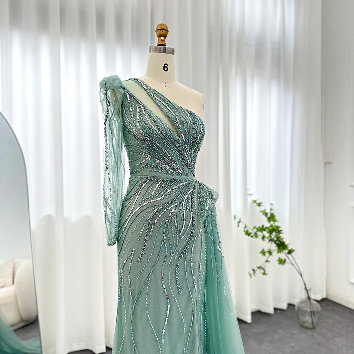 Dreamy Vow Luxury Dubai One Shoulder Mermaid Sage Green Evening Dresses with Overskirt Elegant Woman Wedding Party Gowns 160