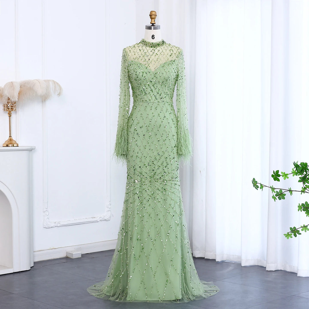 Luxury Beaded Feathers Sage Green Evening Dress Long Sleeves SS144