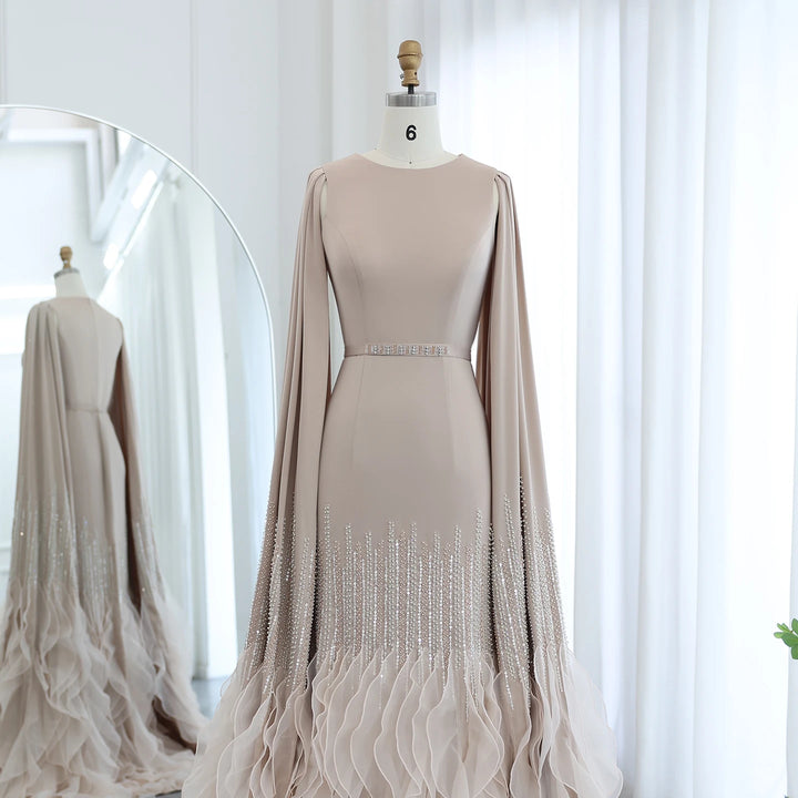 Dreamy Vow Luxury Dubai Mermaid Nude Evening Dresses with Cape Sleeves Tiered Ruffles Arabic Women Wedding Party Gowns SS440