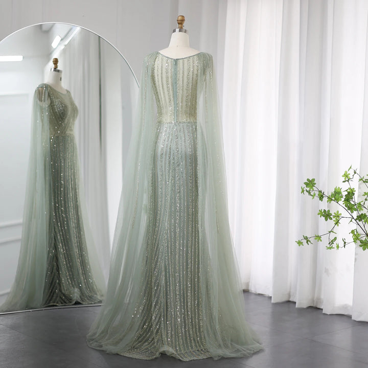 Dreamy Vow Saudi Arabia Sage Green Long Evening Dress with Cape Sleeves Luxury Plus Size Women Wedding Formal Party Gowns SS086