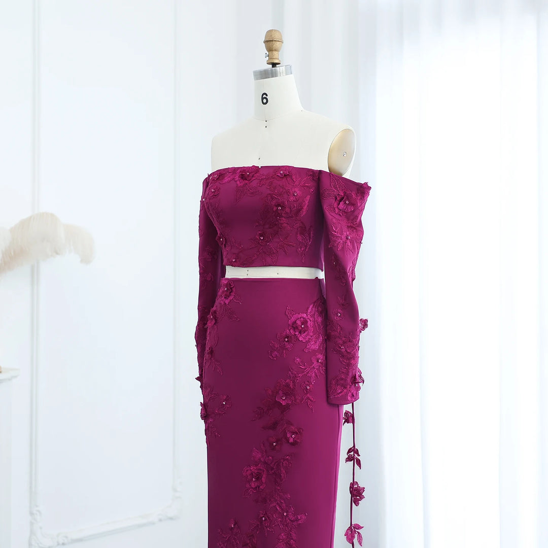 Dreamy Vow Elegant Off Shoulder Fuchsia 2 Pieces Evening Dress with Long Sleeves 3D Flowers Arabic Wedding Party Gowns SS310