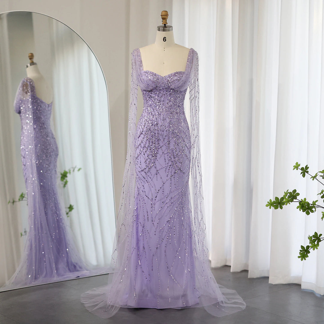 Dreamy Vow Lilac Mermaid Luxury Dubai Evening Dresses with Cape Sleeves Elegant Arabic Women Wedding Formal Party Gowns 237