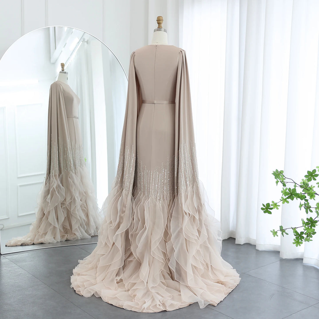 Dreamy Vow Luxury Dubai Mermaid Nude Evening Dresses with Cape Sleeves Tiered Ruffles Arabic Women Wedding Party Gowns SS440