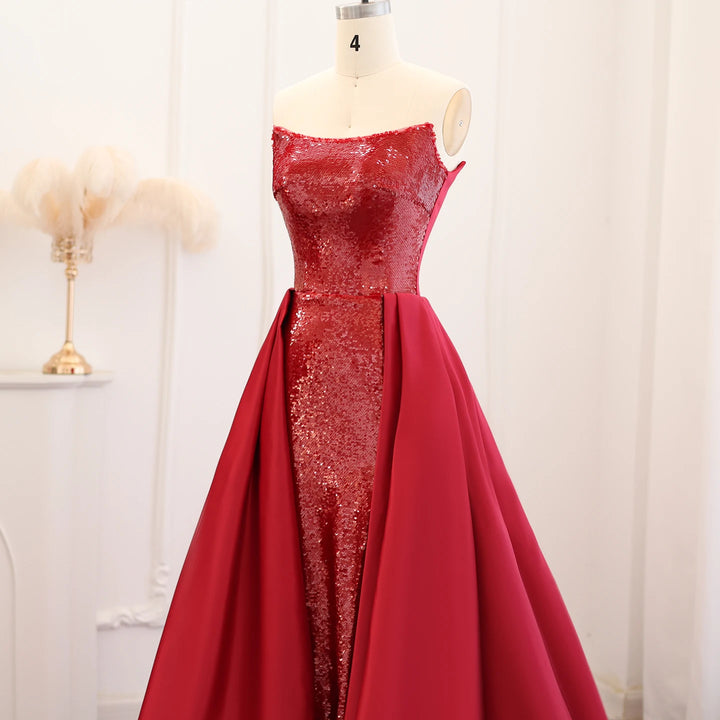 Dreamy Vow Sparkly Sequin Wine Red Mermaid Evening Dresses with Overskirt 2024 Elegant Women Wedding Gala Party Gowns SS513