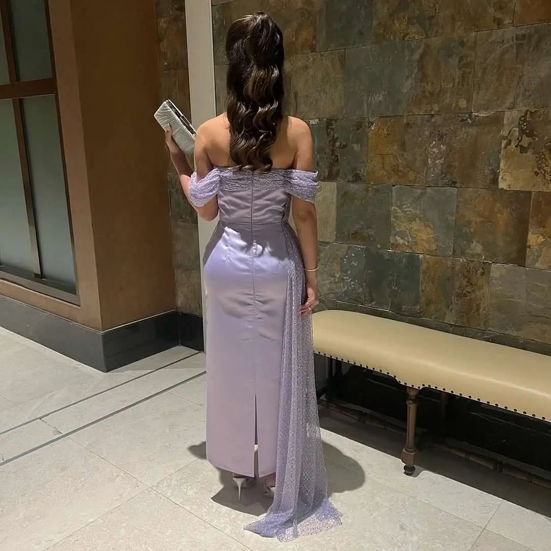 Dreamy Vow Elegant Off Shoulder Lilac Arabic Evening Dress with Overskirt Beaded Dubai Women Wedding Guest Party Gowns SS340