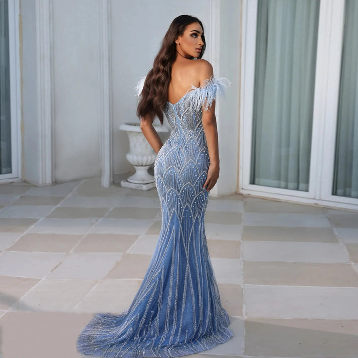 Dreamy Vow Blue Mermaid Luxury Feathers Evening Dresses for Women Wedding Party Champagne Beaded Long Prom Formal Gowns SS179