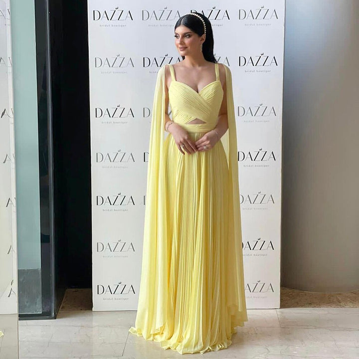 DreamyVow Fuchsia Chiffon Dubai Evening Dresses with Cape Sleeves Elegant Yellow Women Wedding Party Formal Gowns F 090