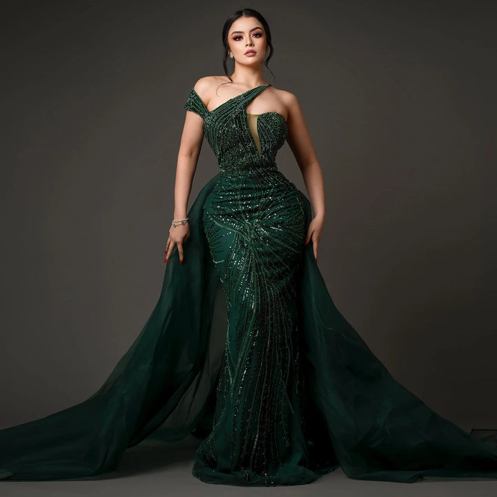 Dreamy Vow Luxury Emerald Green Evening Dress with Overskirt Elegant One Shoulder Women Wedding Party Prom Formal Gowns SS128