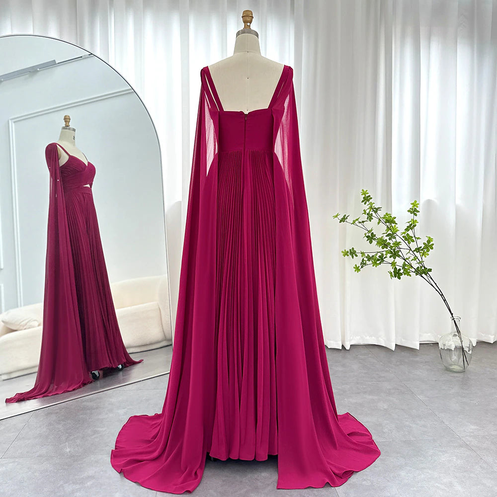DreamyVow Fuchsia Chiffon Dubai Evening Dresses with Cape Sleeves Elegant Yellow Women Wedding Party Formal Gowns F 090