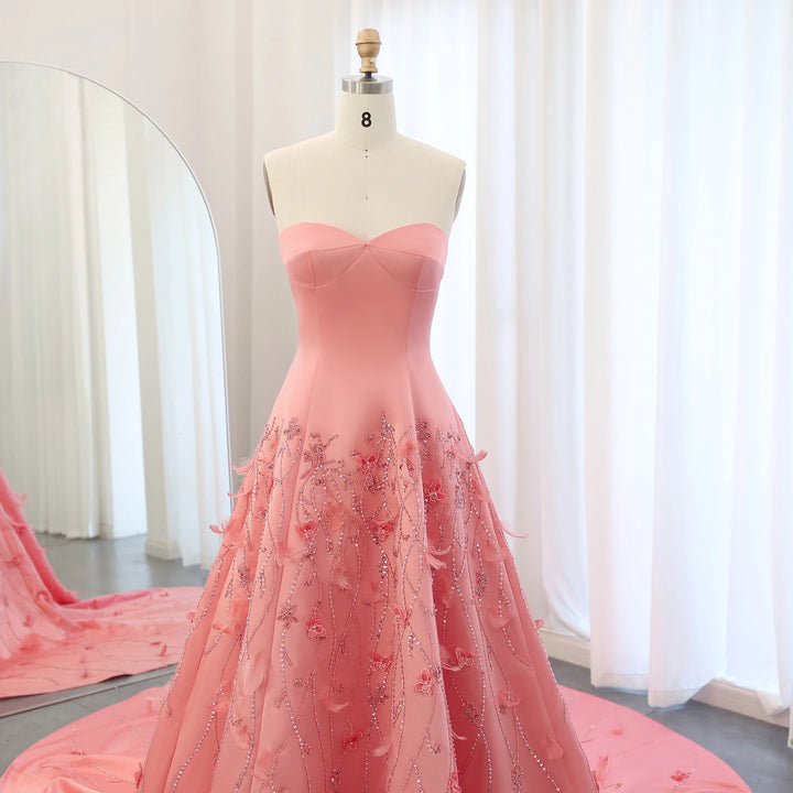 Dreamy Vow Luxury Feathers Dubai Coral Pink Evening Dresses 3D Flowers Sweeheart Long Women Wedding Formal Party Dress SS470