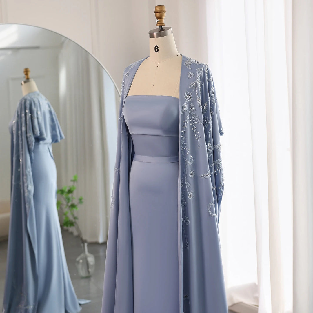 Dreamy Vow Arabic Blue Mermaid Evening Dress with Cape Sleeves 2024 Luxury Beaded Dubai Women Wedding Guest Party Gowns SS407