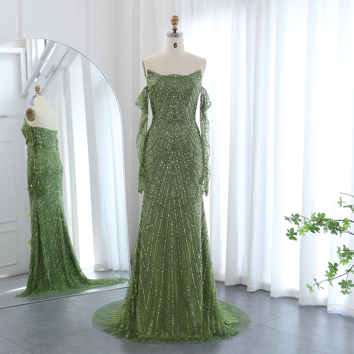 Dreamy Vow Luxury Dubai Mermaid Green Evening Dresses with Gloves 2024 Elegant Saudi Arabia Women Wedding Party Gowns SS306