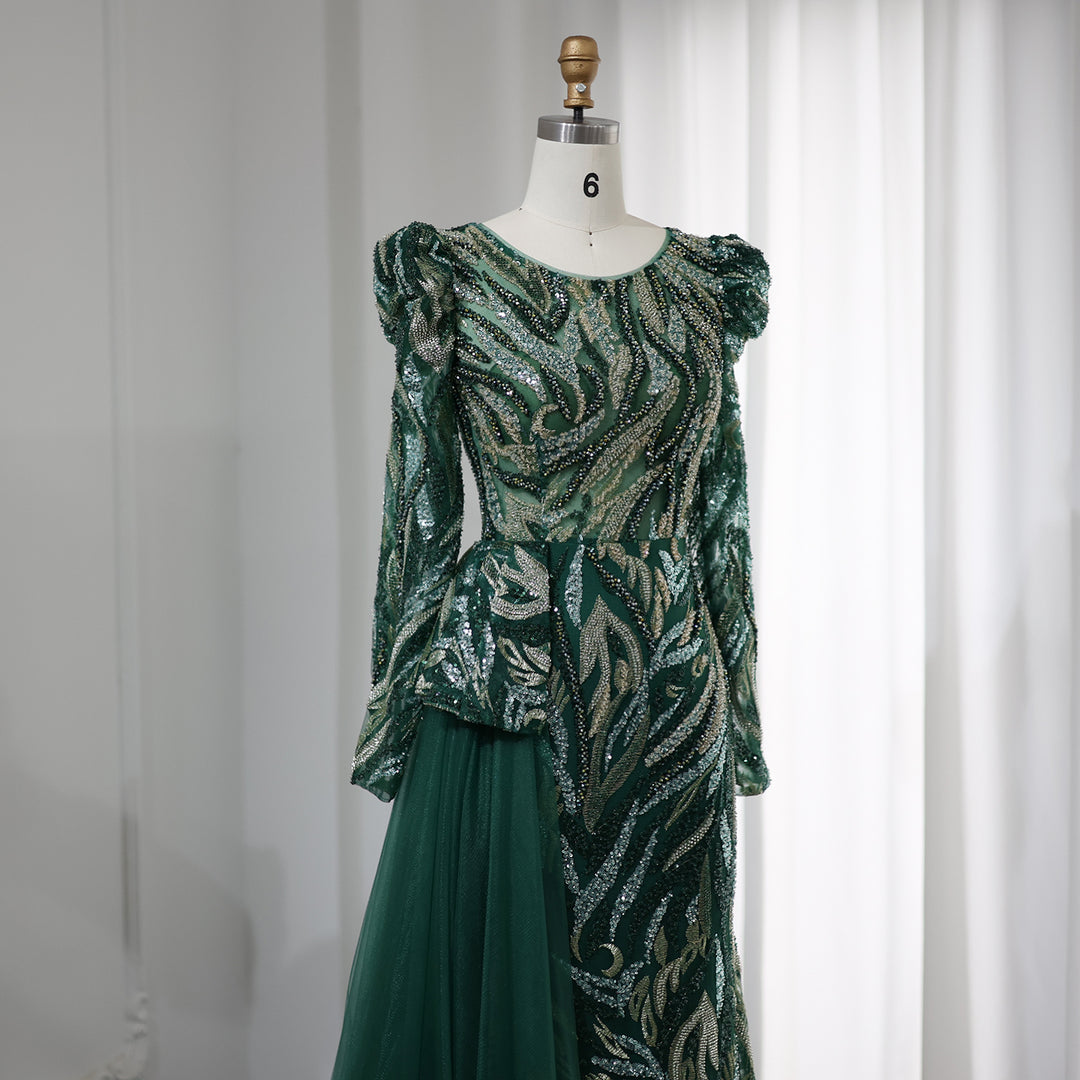 Dreamy Vow Luxury Emerald Green Mermaid Evening Dress Overskirt Long Sleeve Gold Plus Size Women Wedding Party 001