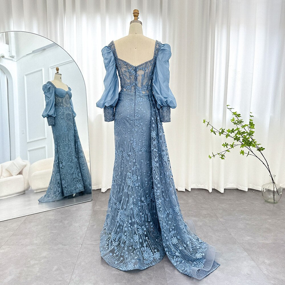 Dreamy Vow Elegant Blue Mermaid Arabic Evening Dresses with Overskirt Long Sleeves For Woman Wedding Party Gown Plus Size 158