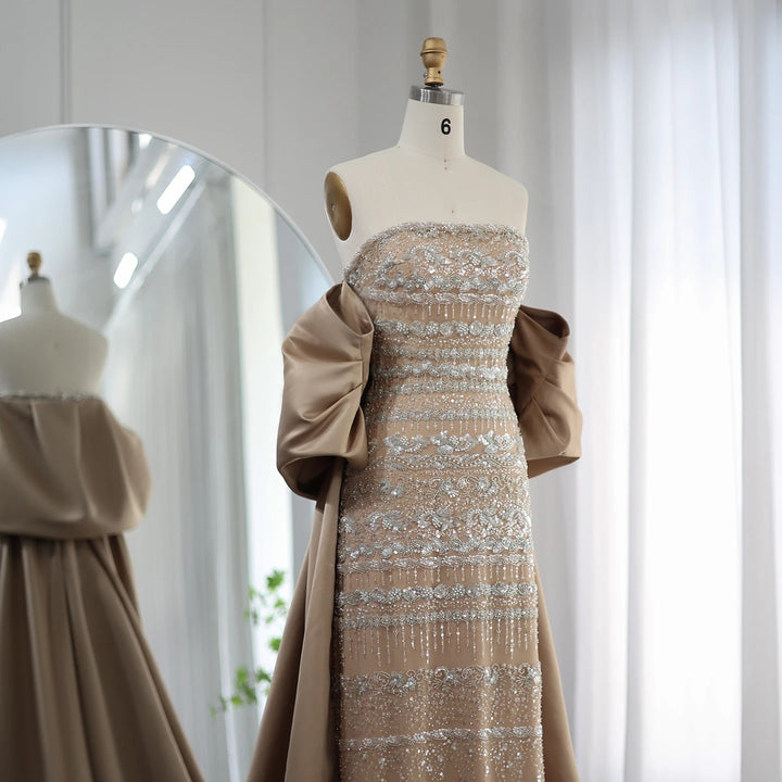Dreamy Vow Luxury Dubai Sage Green Evening Dresses with Cape Arabic Blue Beaded Elegant Women Wedding Party Gowns SS238