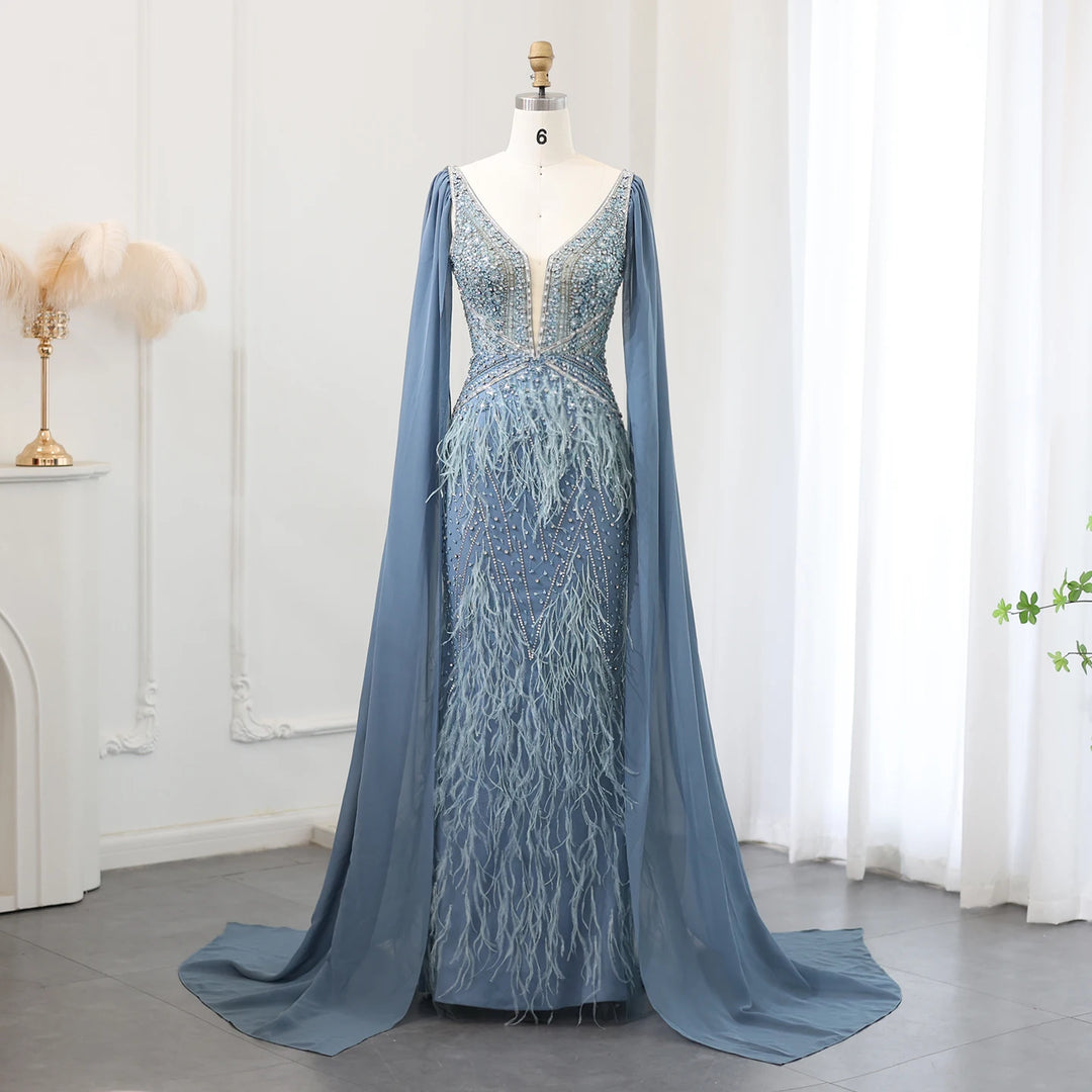 Dreamy Vow Luxury Mermaid Blue Feathers Evening Dress with Cape Sleeve Backless Prom Dresses for Women Wedding Party Gowns SS027