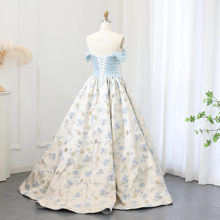 Dreamy Vow Elegant Off Shoulder Baby Blue Ball Gown Evening Dress 2024 Luxury Printed Satin Girls Birthday Party Gowns SS501