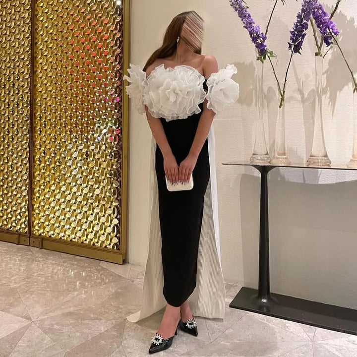 Dreamy Vow Elegant Black and White Mermaid Dress with Cape 3D Flowers Saudi Arabia Dubai Women Wedding Party Gowns 2024 SF018