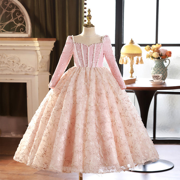 DreamyVow Pink Long Sleeve Beaded Princess Birthday Girl Dress J291