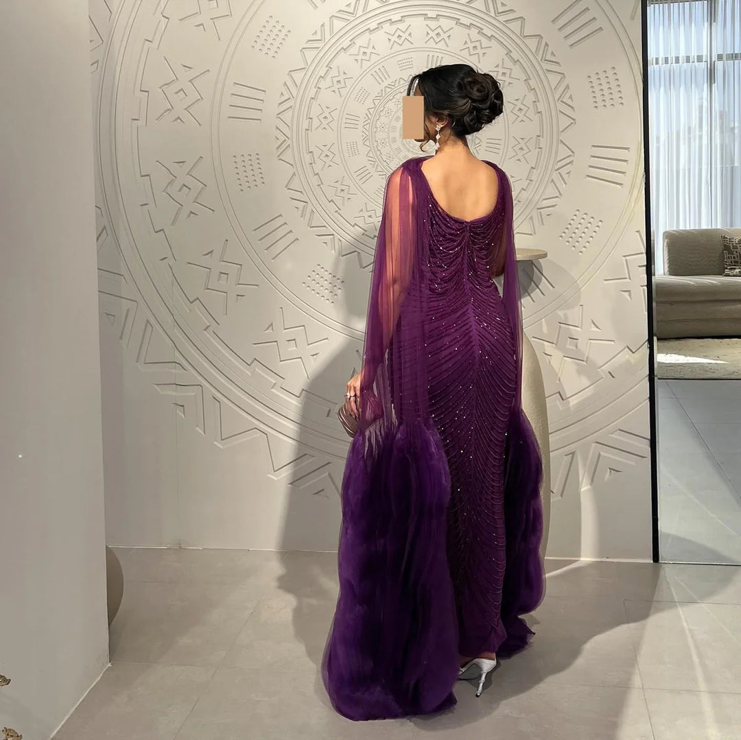 Luxury Beading Purple Evening Dress with Cape Sleeves SS280