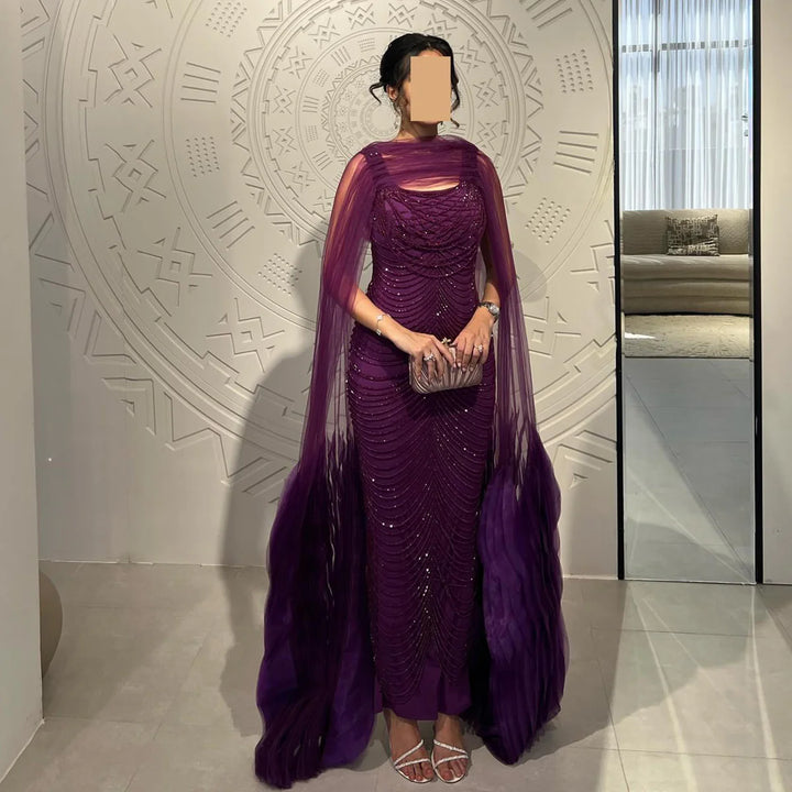 Luxury Beading Purple Evening Dress with Cape Sleeves SS280