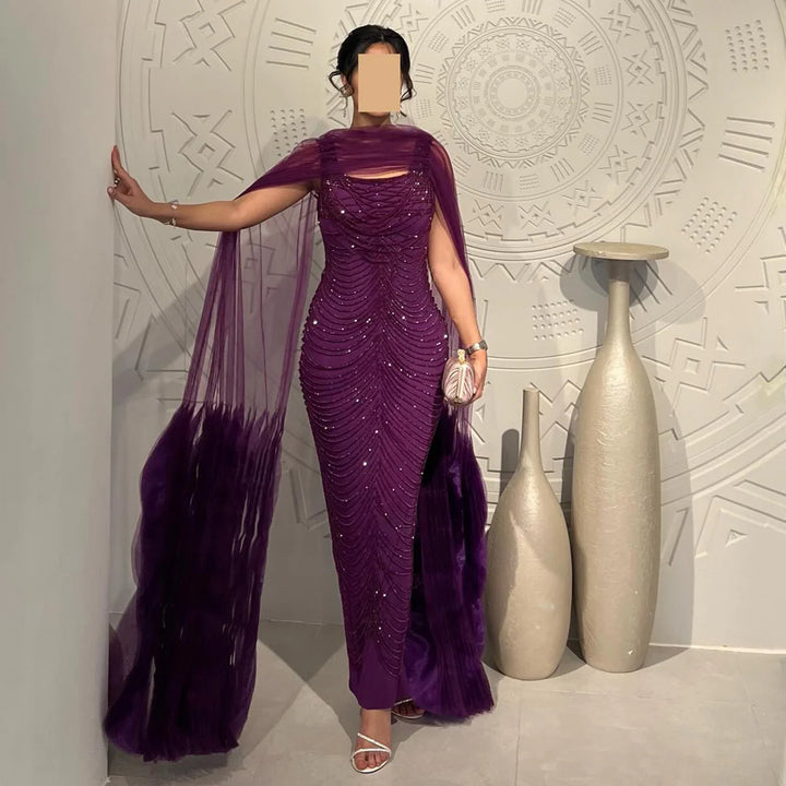 Luxury Beading Purple Evening Dress with Cape Sleeves SS280