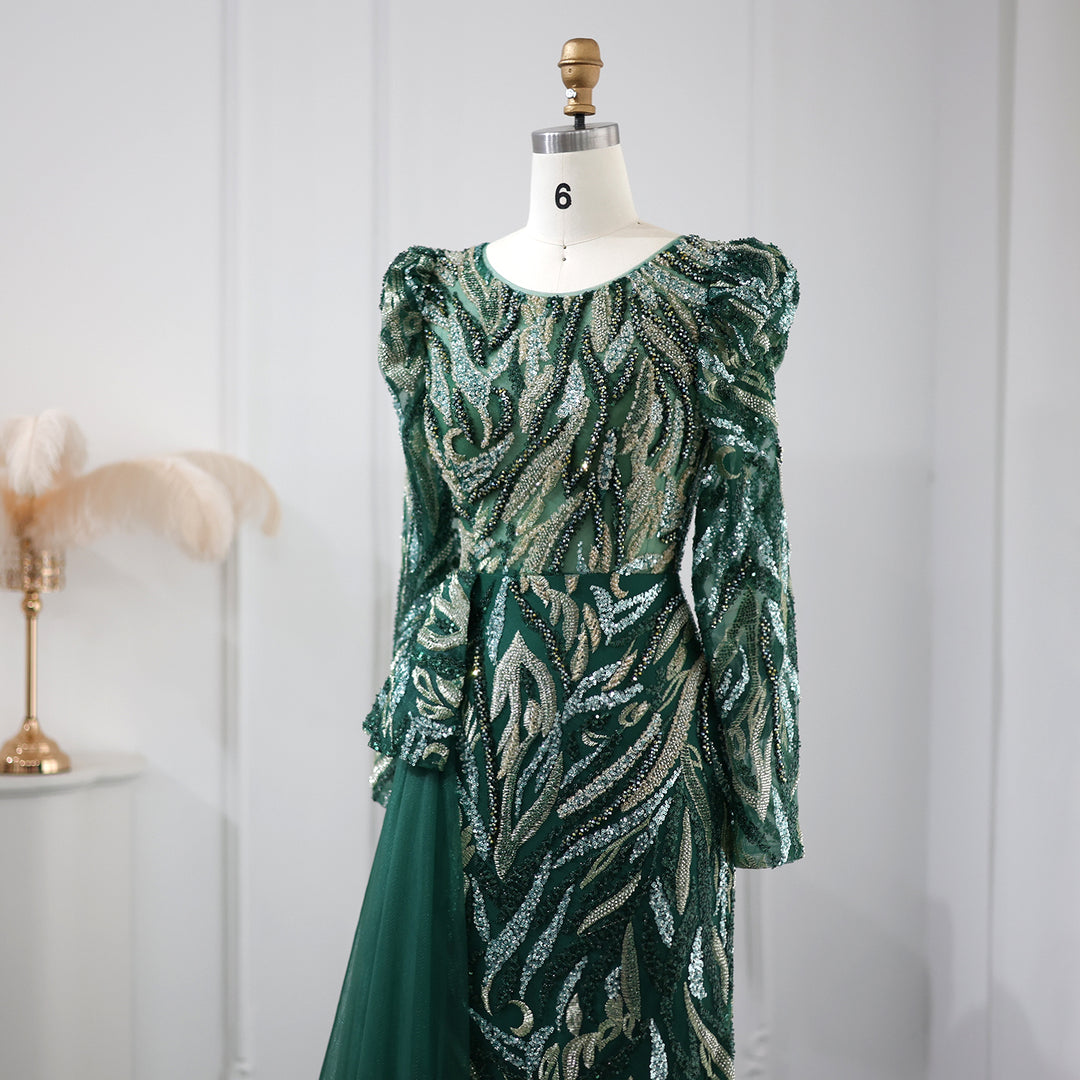 Dreamy Vow Luxury Emerald Green Mermaid Evening Dress Overskirt Long Sleeve Gold Plus Size Women Wedding Party 001