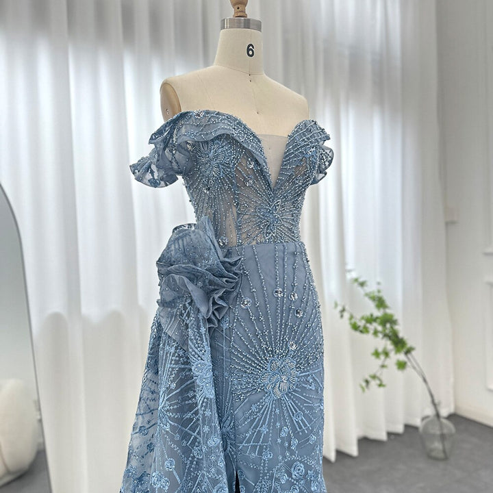 Dreamy Vow Luxury Dubai 3D Flowers Mermaid Blue Evening Dresses With Overskirt Elegant Plus Size Woman Wedding Party Gown 156