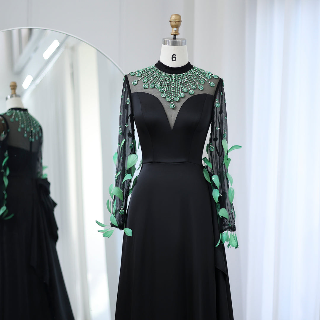 Dreamy Vow Luxury Dubai Emerald Green Feathers Black Evening Dress Long Sleeves Saudi Arabia Women Formal Party Gowns SS457