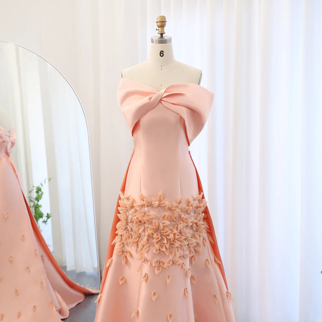 Dreamy Vow Luxury 3D Flowers Blush Pink Satin Mermaid Evening Dress Elegant Off Shoulder Women Wedding Prom Party Gowns SS464