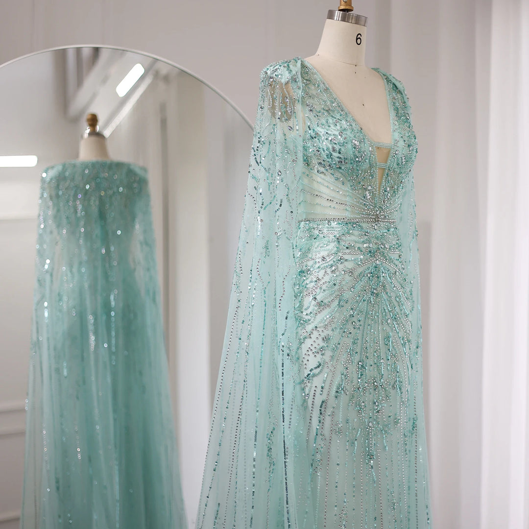 Dreamy Vow Luxury Dubai Turquoise Mermaid Evening Dresses with Cape V-Neck Arabic Silver Grey Wedding Formal Party Gowns SS397