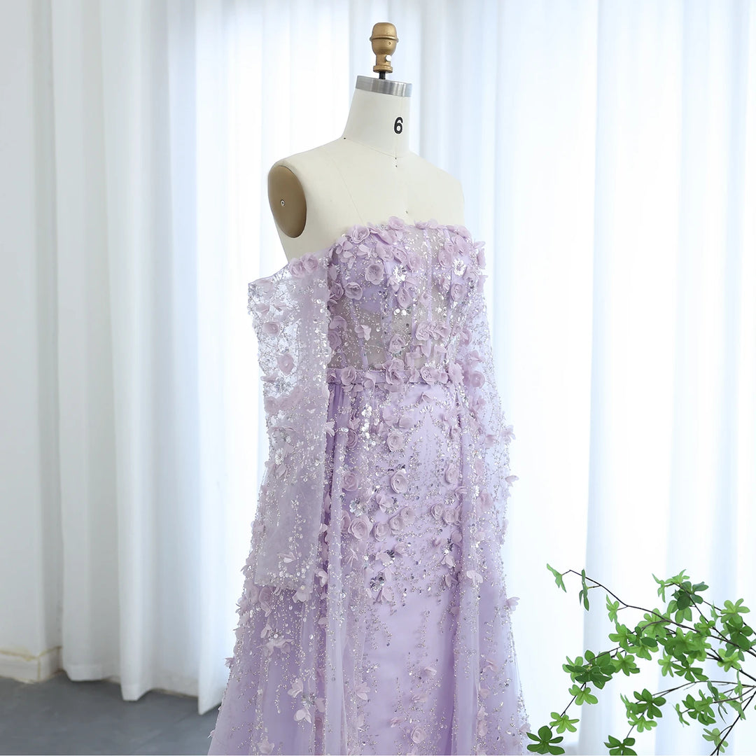 Dreamy Vow Elegant 3D Flowers Pink Luxury Dubai Evening Dress with Overskirt Lilac Long Sleeves Women Wedding Party Gown SS352