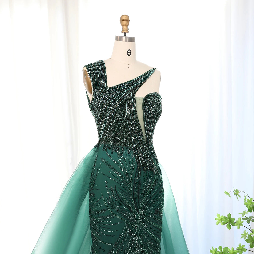 فستان سهرة فاخر باللون الأخضر الزمردي مع تنورة أنيقة بكتف واحد للنساء لحفلات الزفاف والحفلات الراقصة الرسمية SS128