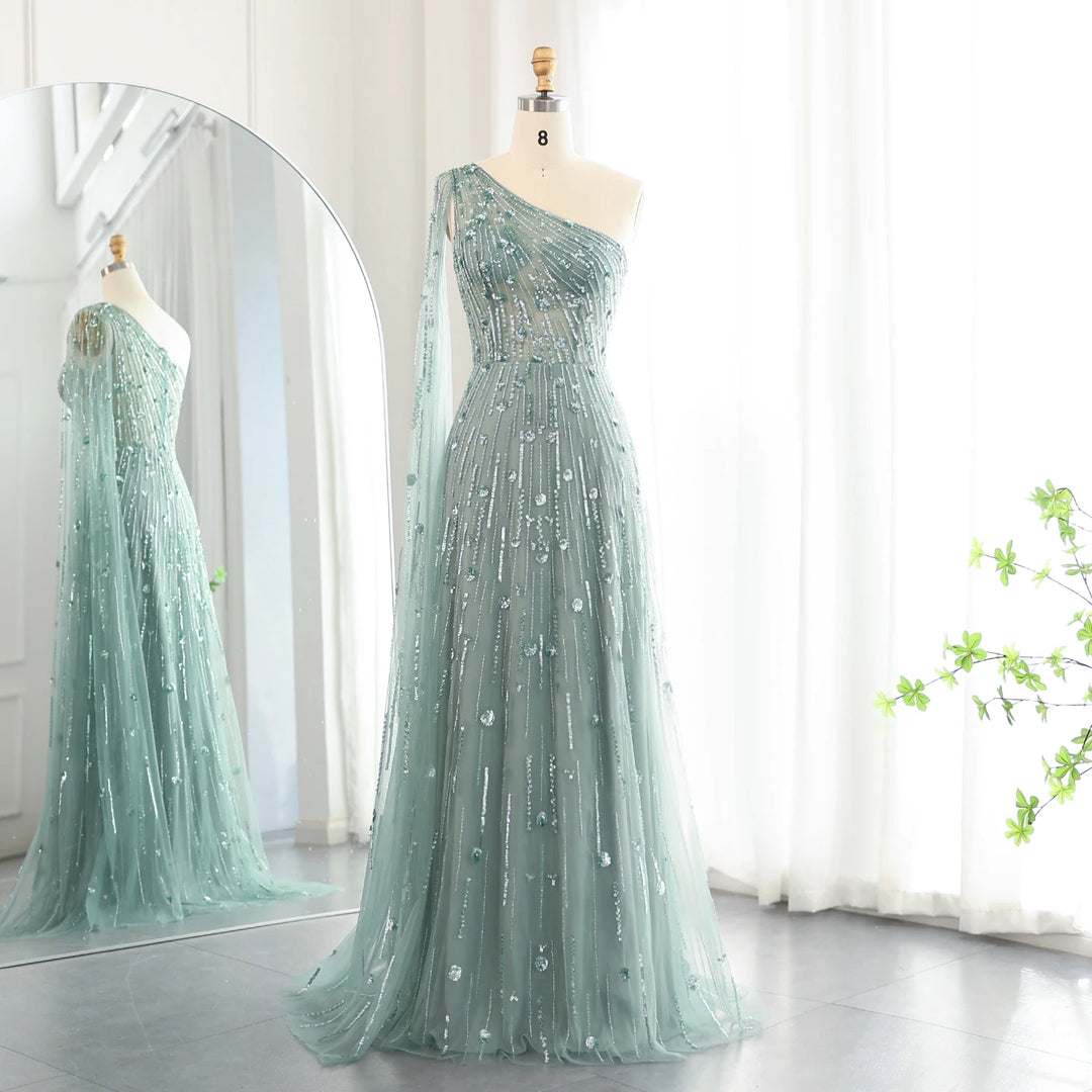 Dreamy Vow Luxury Beaded Black One Shoulder Evening Dresses with Cape Sleeve Sage Green Lilac Women Wedding Party Gowns SS182