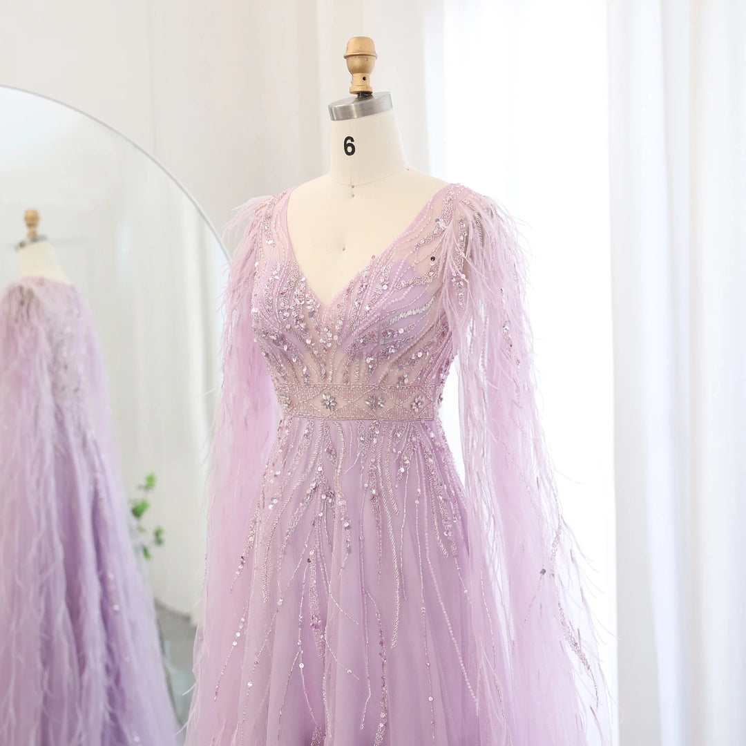 Dreamy Vow Luxury Feathers Nude A-line Evening Dresses with Cape Sleeves V-Neck Lilac Arabic Women Wedding Party Dress SS186